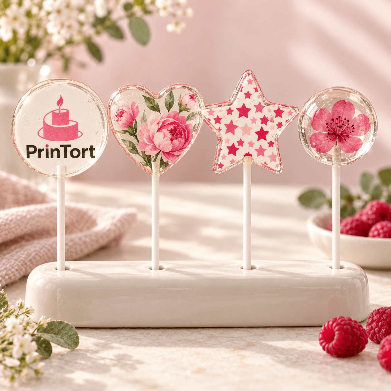 Главная PrinTort — Четыре формы леденцов с сахарной картинкой: круг PrinTort, цветочное сердце, звезда и сфера Главная PrinTort — Четыре формы леденцов с сахарной картинкой: круг PrinTort, цветочное сердце, звезда и сфера